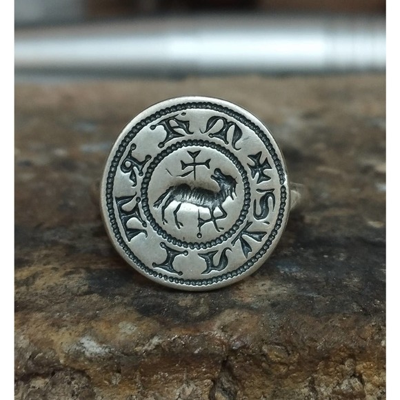 Men's Artisan Stamp Viking Runes Wolf Sword Norse Sterling Silver Signet Ring - Picture 3 of 3